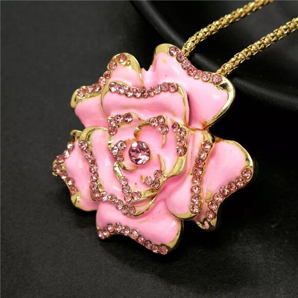 Pretty Rose Embellished crystal design pendant charm goldtoned necklace - Picture 3 of 4
